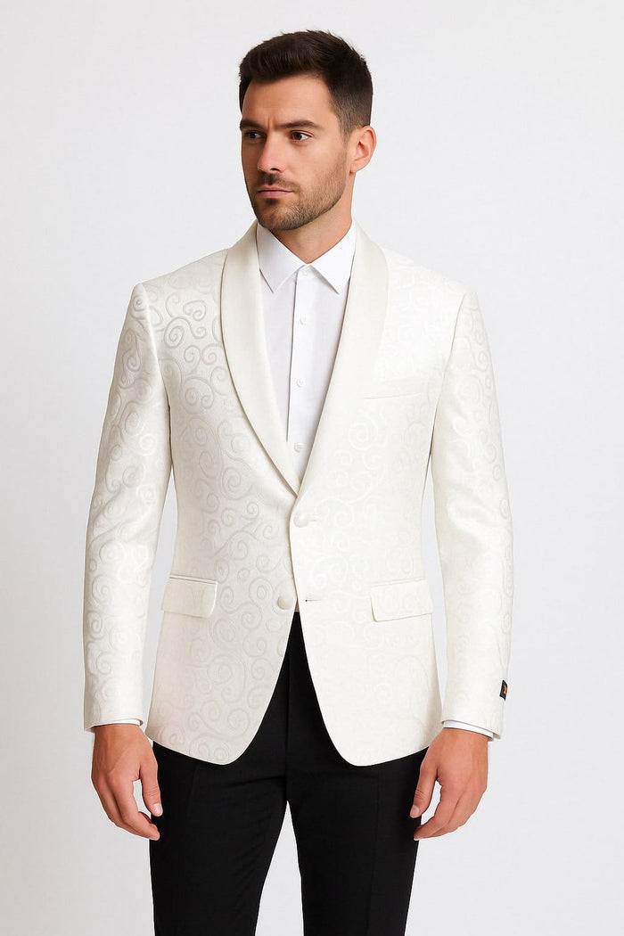 Mens White Tuxedo Dinner Jacket  Swirl Pattern Tuxedo Jacket with White Satin Shawl Lapel - Paisley Pattern