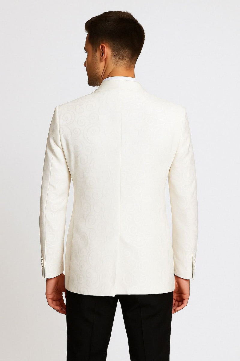 Mens White Tuxedo Dinner Jacket  Swirl Pattern Tuxedo Jacket with White Satin Shawl Lapel - Paisley Pattern