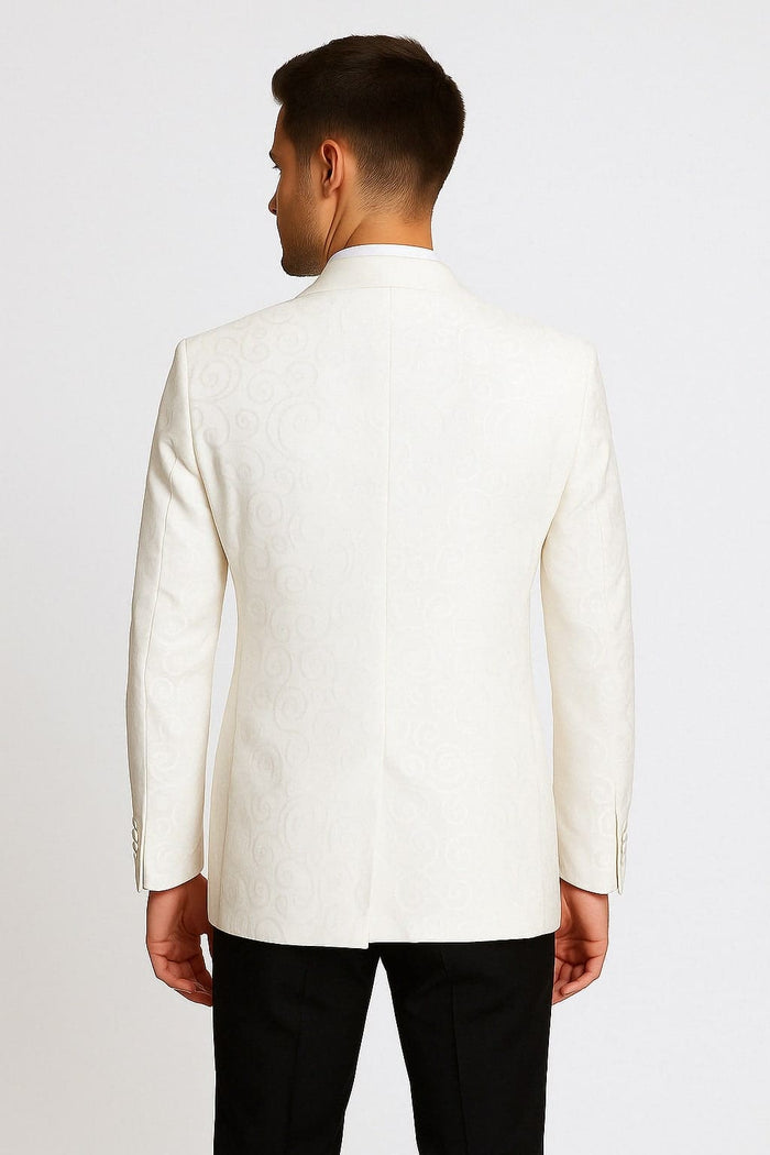 Mens White Tuxedo Dinner Jacket  Swirl Pattern Tuxedo Jacket with White Satin Shawl Lapel - Paisley Pattern