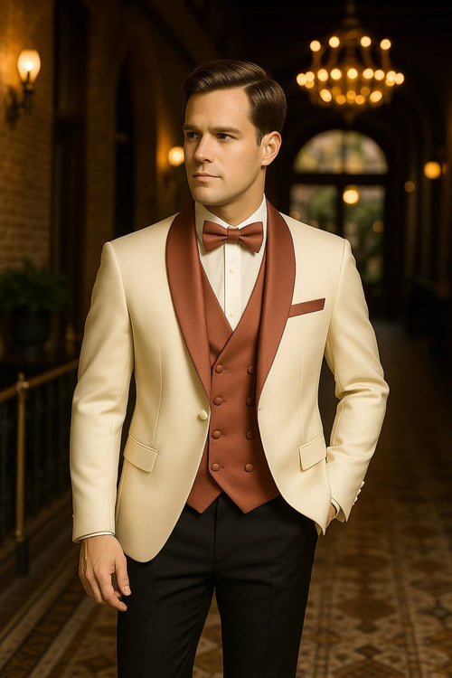 Men's White and Rose Gold Tuxedo with Mauve Satin Vest and Bow Tie â€“ Elegant Formalwear for Weddings and Events