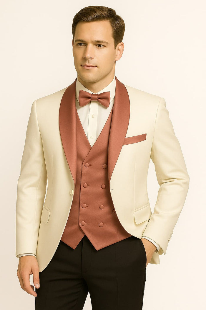 Men's White and Rose Gold Tuxedo with Mauve Satin Vest and Bow Tie â€“ Elegant Formalwear for Weddings and Events