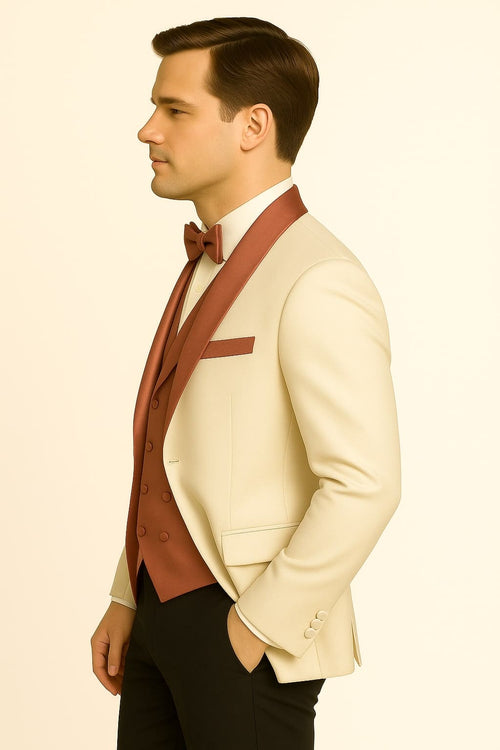 Men's White and Rose Gold Tuxedo with Mauve Satin Vest and Bow Tie â€“ Elegant Formalwear for Weddings and Events