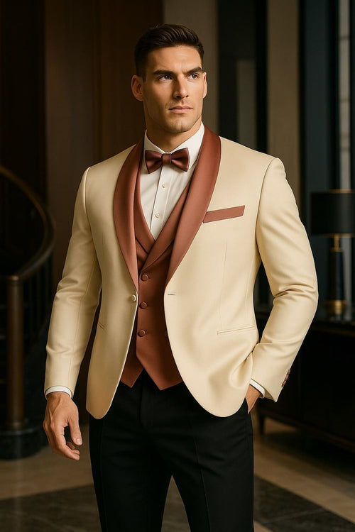Men's White and Rose Gold Tuxedo with Mauve Satin Vest and Bow Tie â€“ Elegant Formalwear for Weddings and Events