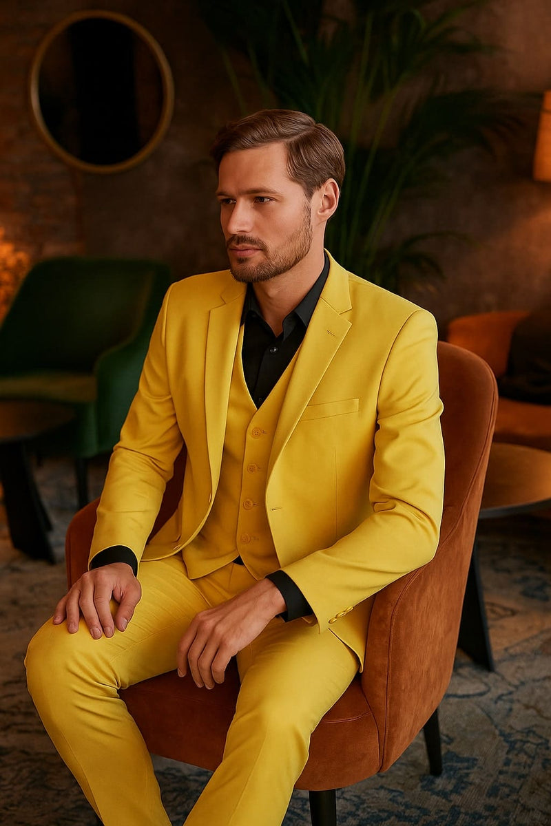 Men's Yellow 3-Piece Suit with Black Dress Shirt â€“ Modern Slim Fit Formal Attire