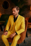 Men's Yellow 3-Piece Suit with Black Dress Shirt – Modern Slim Fit Formal Attire