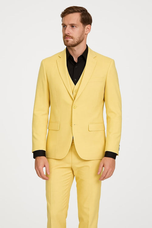 Men's Yellow 3-Piece Suit with Black Dress Shirt â€“ Modern Slim Fit Formal Attire