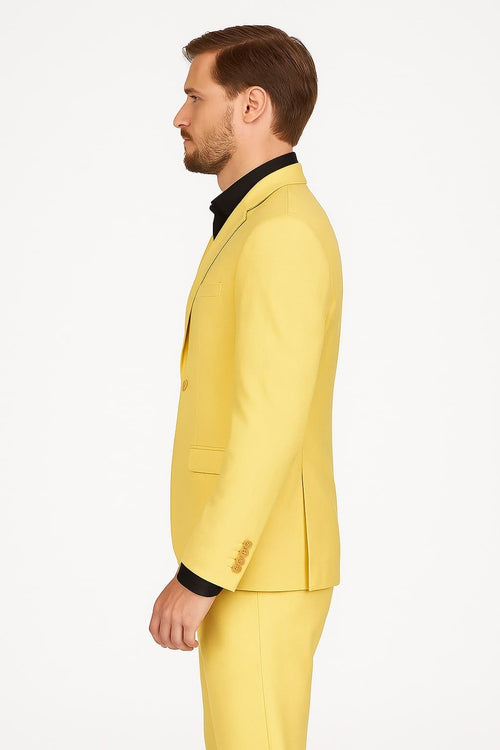 Men's Yellow 3-Piece Suit with Black Dress Shirt â€“ Modern Slim Fit Formal Attire