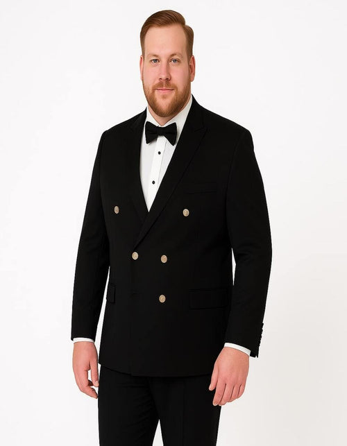 Men’s Black Double-Breasted Tuxedo – Classic Shawl Lapel Suit with Gold Buttons for Weddings, Galas, and Black Tie Events