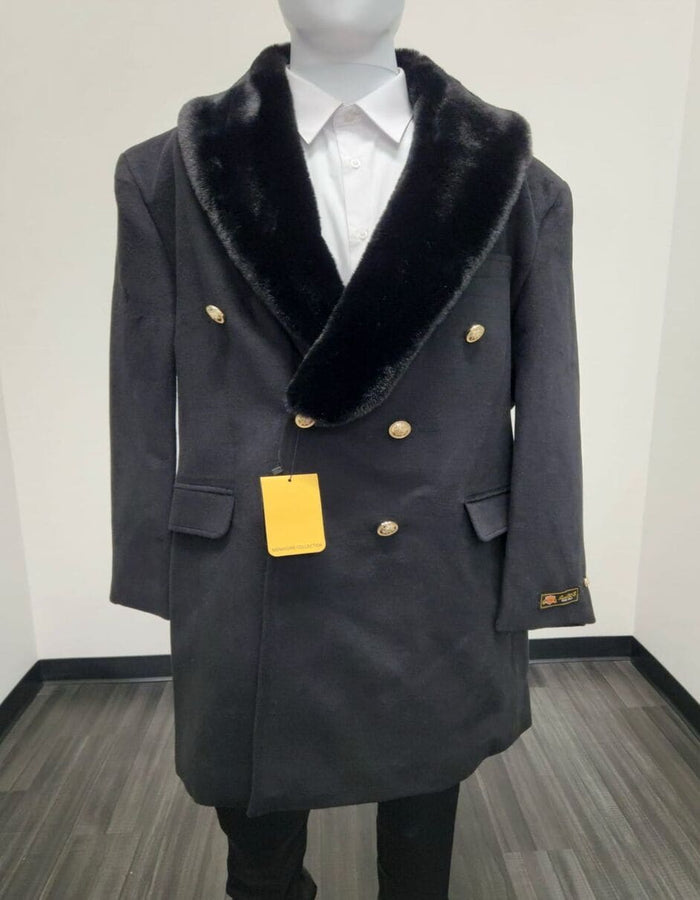 Mens Black Double-Breasted Overcoat with Faux Fur Collar and Gold Buttons