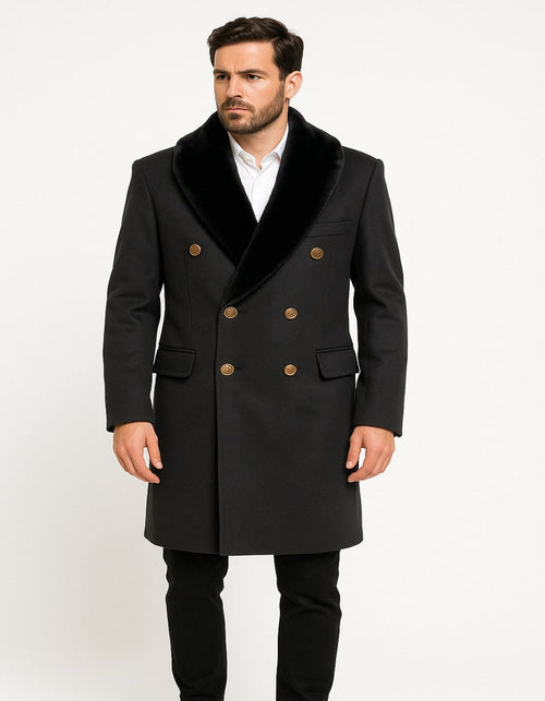 Men’s Black Double-Breasted Overcoat with Faux Fur Collar and Gold Buttons