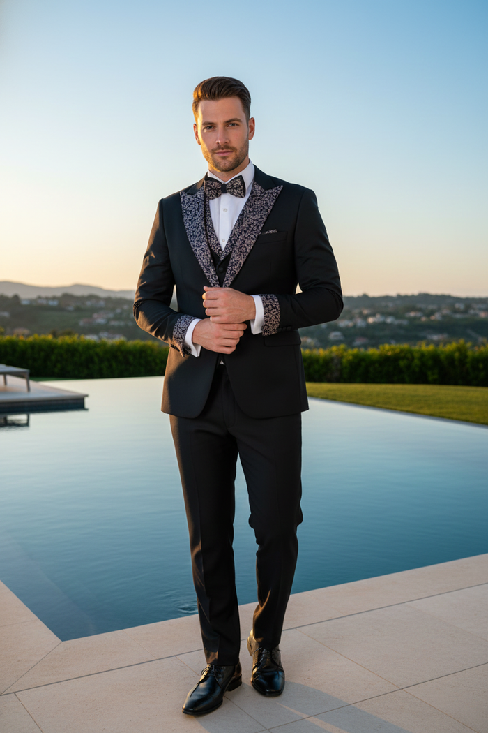Alberto Nardoni men's tuxedo: Black, fitted suit with white/silver lapel & pocket embellishments. Tailored pants, single-button closure. Includes white shirt, bow tie. Smooth, slightly shiny fabric.
