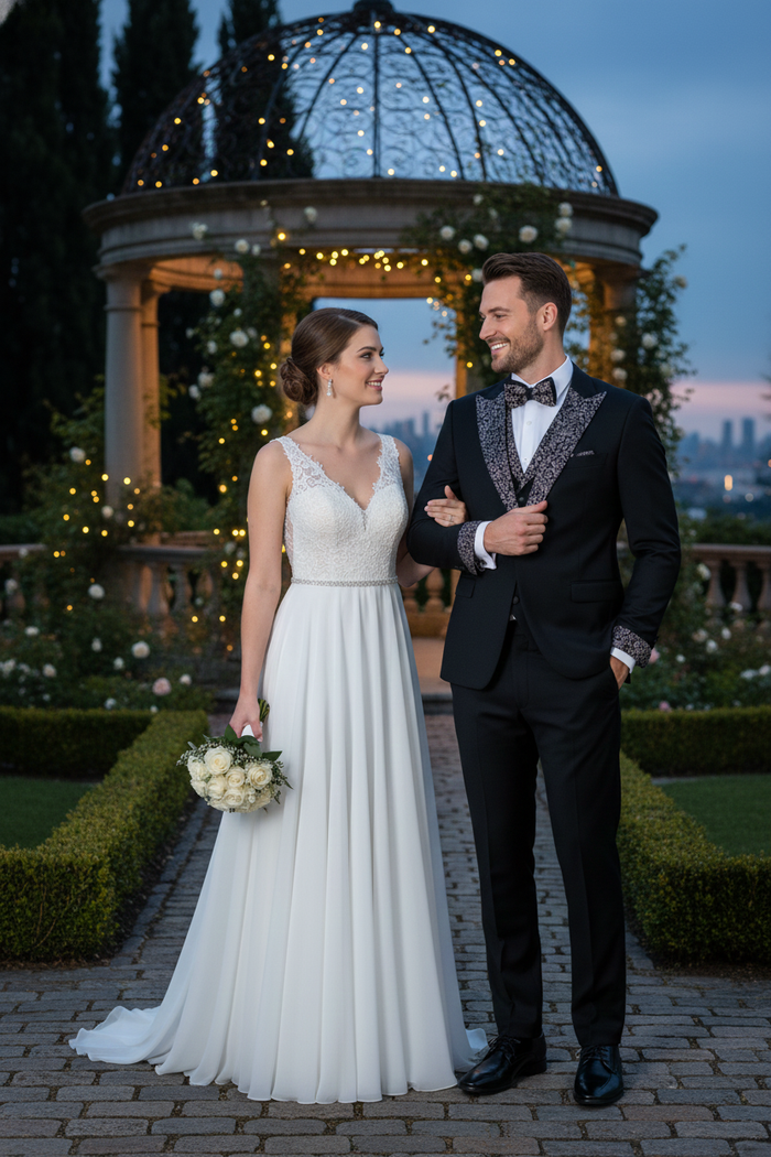 Men's black & white tuxedo. Fitted black jacket w/ silver lapel/cuff embellishment, single-button closure, & front pockets. Paired w/ flat-front black trousers. Includes crisp white shirt and matching bow tie.
