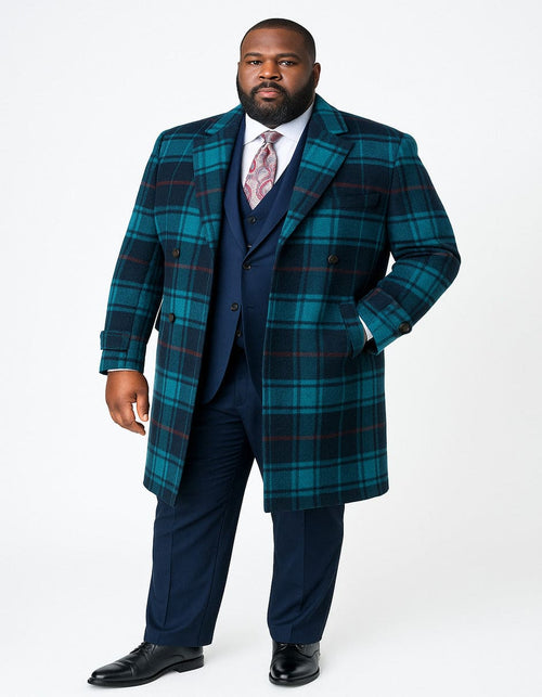 Men's Blue Plaid Wool Overcoat â€“ Double-Breasted Long Winter Coat with Wide Lapel - Full Length