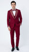 Burgundy tuxedo suit with white embellished shawl lapel & matching trousers. Features decorative cuffs, white shirt, & burgundy bow tie. A sophisticated, fitted look.
