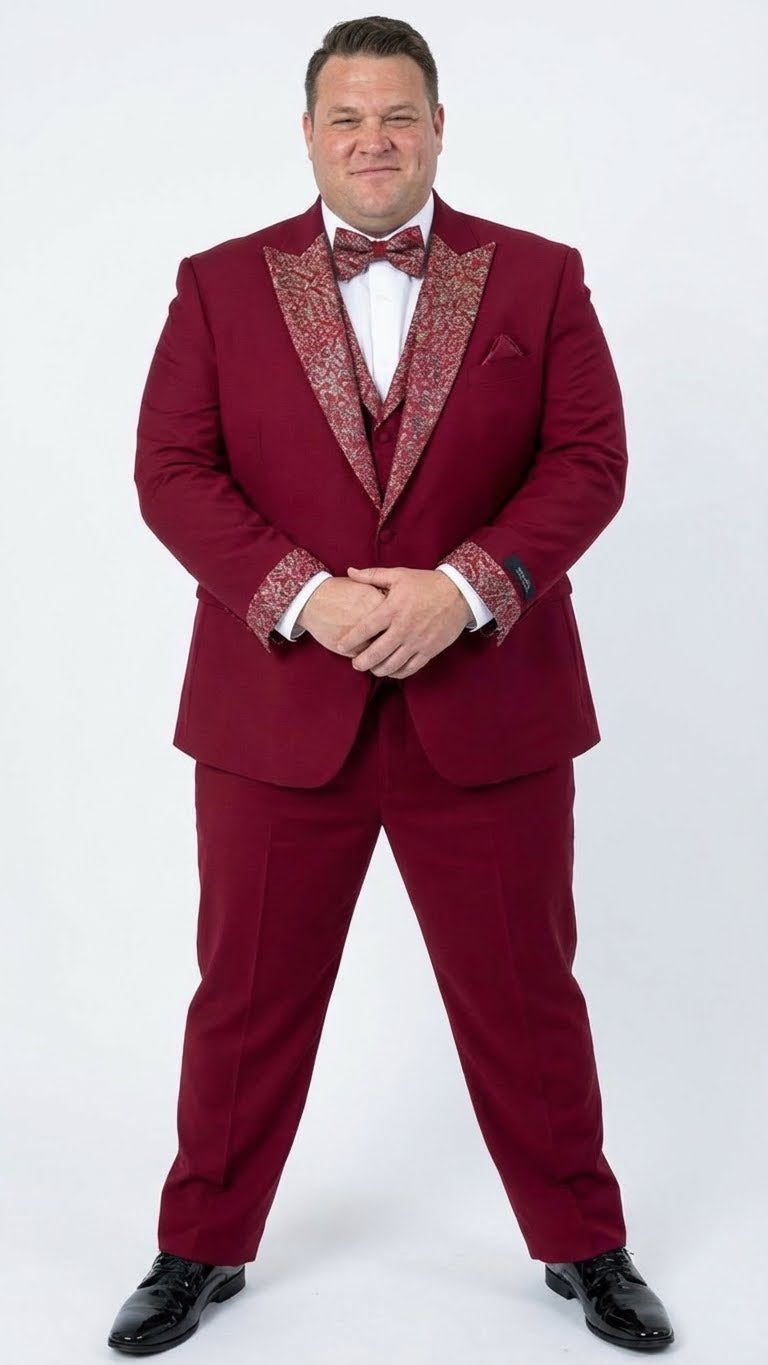 Burgundy men's tuxedo with white accents. Features a V-lapel jacket and matching trousers. Bow tie & pocket square echo embellishments. Structured, tailored formal fit.
