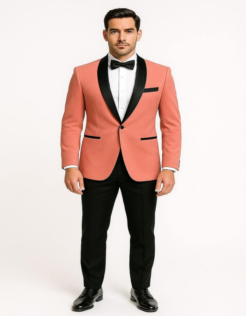 Mens Coral Pink Tuxedo Jacket with Black Satin Shawl Lapel Velvet Fabric - Modern Slim Fit Formal Blazer
