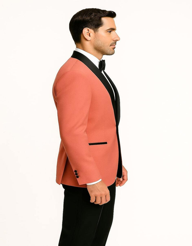 Mens Coral Pink Tuxedo Jacket with Black Satin Shawl Lapel Velvet Fabric - Modern Slim Fit Formal Blazer