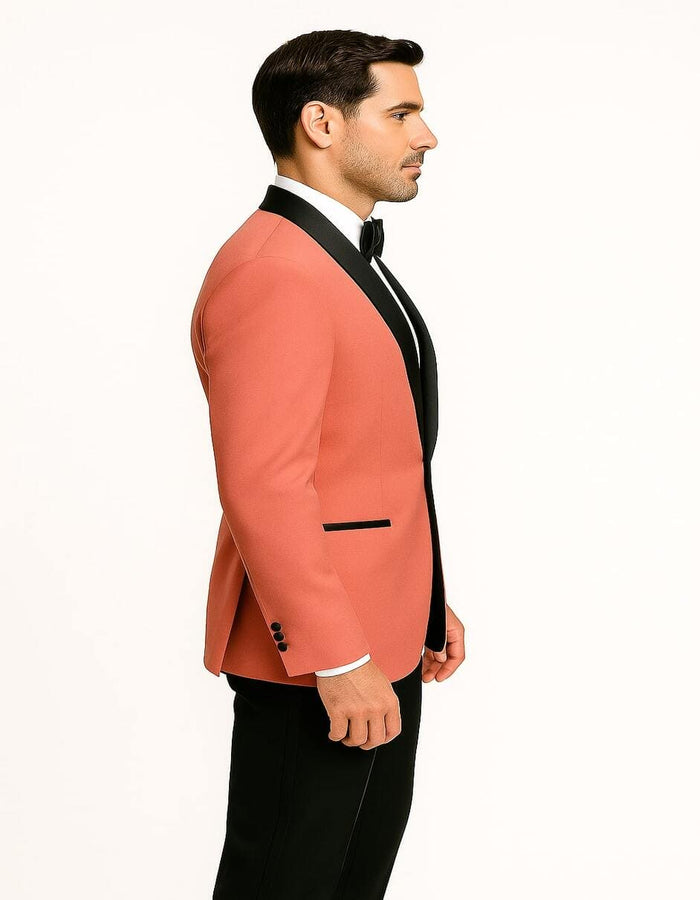 Mens Coral Pink Tuxedo Jacket with Black Satin Shawl Lapel Velvet Fabric - Modern Slim Fit Formal Blazer