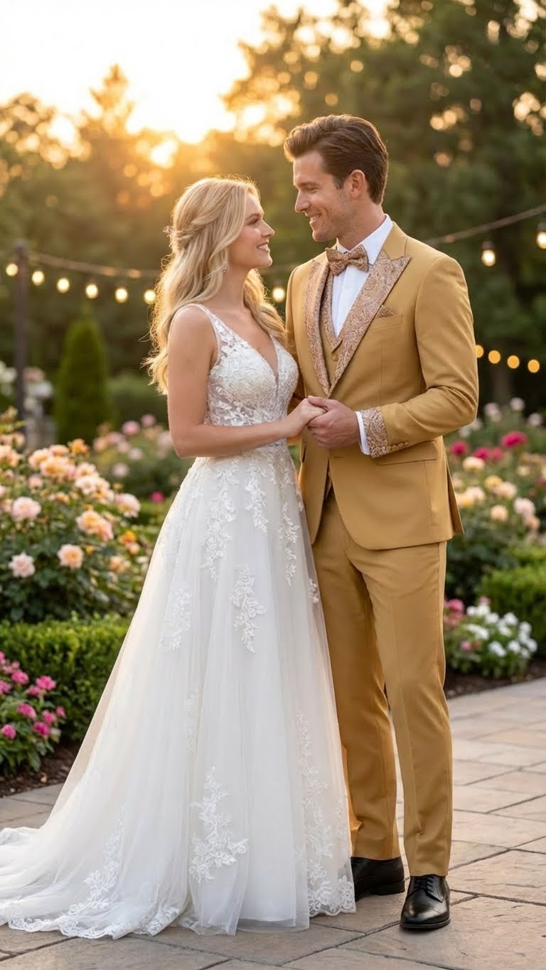 Alberto Nardoni's men's gold tuxedo suit: fitted, gold jacket with embellishments and matching tailored trousers. Crafted from shiny fabric, paired with a white dress shirt for an elegant look.
