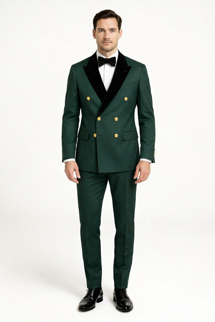Mens Green and Gold Double-Breasted Wedding Tuxedo with Velvet Lapel