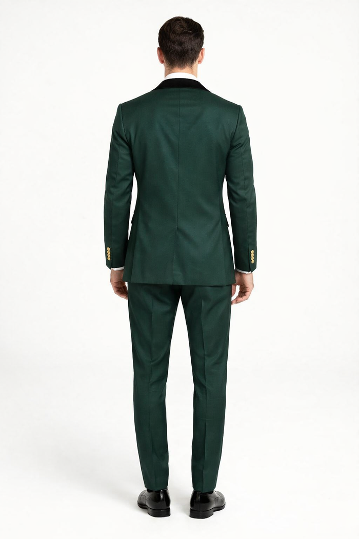 Mens Green and Gold Double-Breasted Wedding Tuxedo with Velvet Lapel