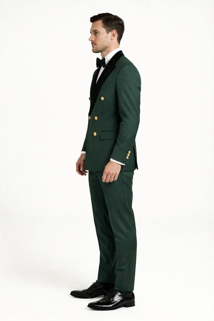 Mens Green and Gold Double-Breasted Wedding Tuxedo with Velvet Lapel