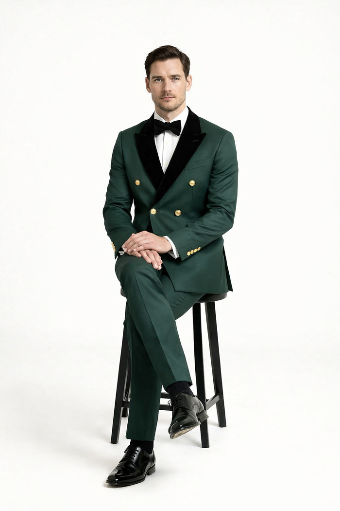 Mens Green and Gold Double-Breasted Wedding Tuxedo with Velvet Lapel