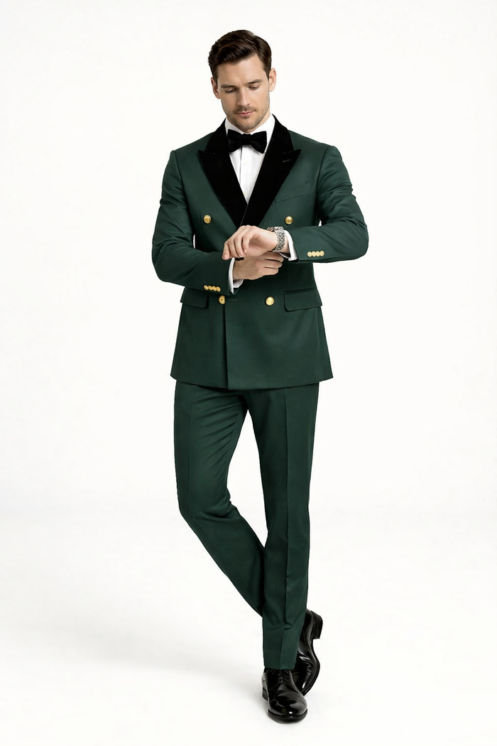 Mens Green and Gold Double-Breasted Wedding Tuxedo with Velvet Lapel