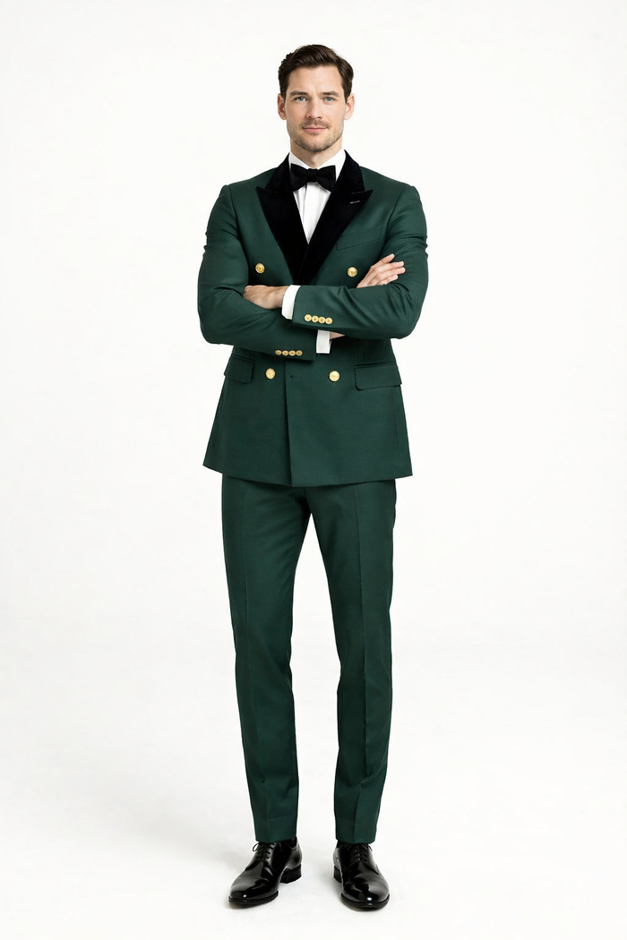 Mens Green and Gold Double-Breasted Wedding Tuxedo with Velvet Lapel