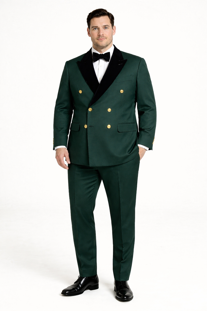 Mens Green and Gold Double-Breasted Wedding Tuxedo with Velvet Lapel
