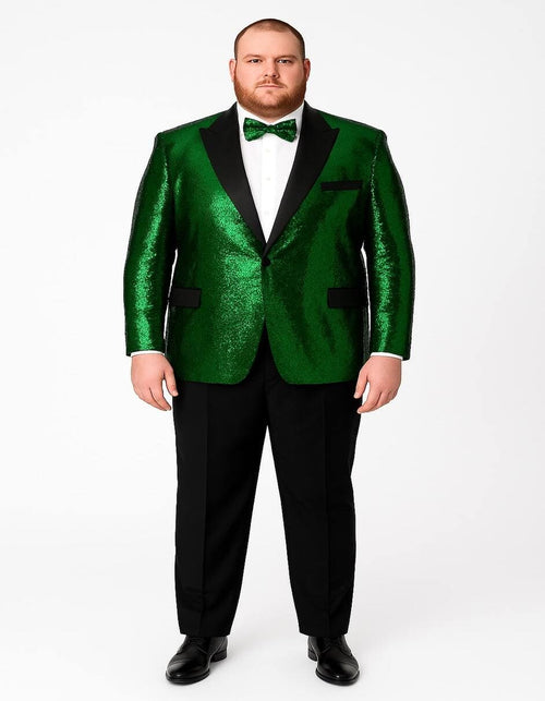 Men's Green Sequin Tuxedo Jacket with Black Satin Lapel and Bow Tie – Sparkling Party and Stage Blazer By Alberto Nardoni