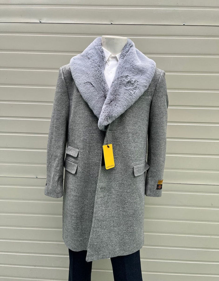 Mens Grey Wool Overcoat with Plush Faux Fur Shawl Collar - Winter Luxury Coat