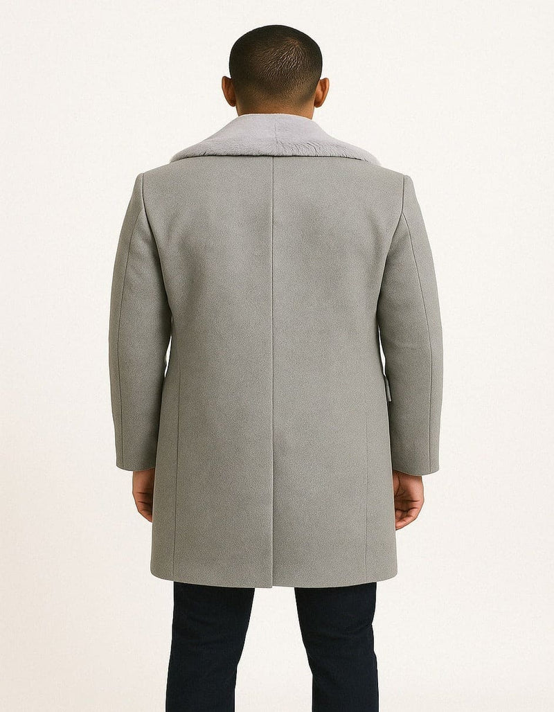 Mens Grey Wool Overcoat with Plush Faux Fur Shawl Collar - Winter Luxury Coat