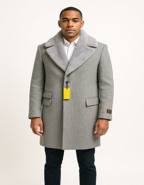 Menâ€™s Grey Wool Overcoat with Plush Faux Fur Shawl Collar â€“ Winter Luxury Coat