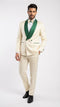 Ivory jacquard tuxedo suit with emerald green shawl collar & accents. Structured jacket, two buttons, decorative pockets. Matching embossed pants, fitted silhouette.
