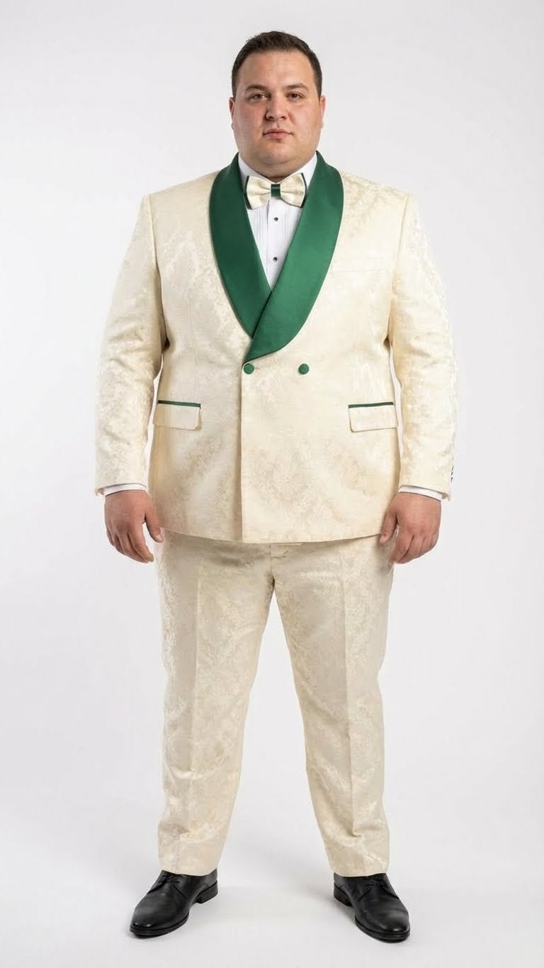 Ivory jacquard tuxedo with emerald green shawl lapels and matching double-breasted jacket. Features green piping and tailored trousers for a cohesive, patterned look.
