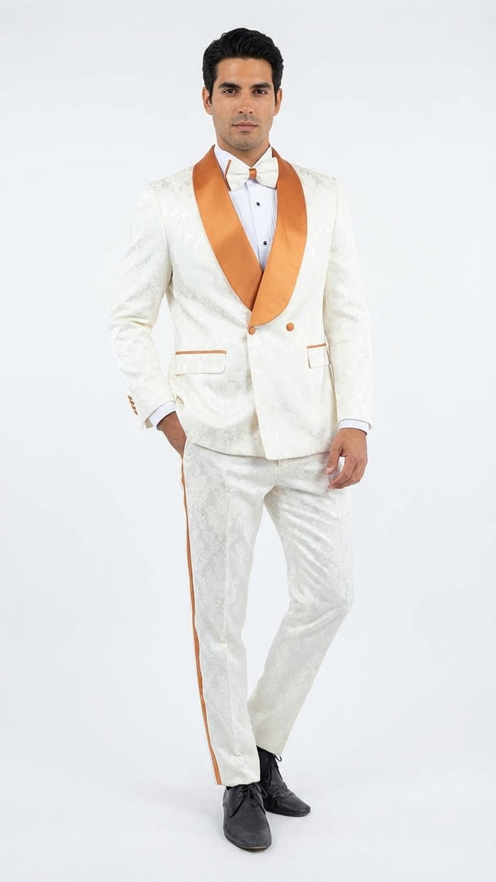 Ivory and gold jacquard tuxedo suit. Structured jacket with gold shawl collar, two buttons. Tailored ivory pants with gold side stripe. Textured jacquard fabric. Includes white shirt, bow tie.

