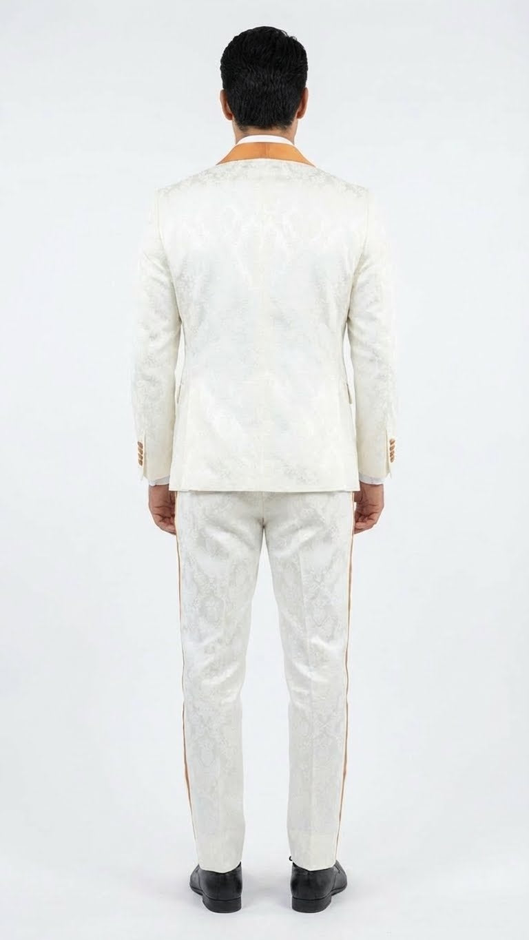 Ivory & gold jacquard tuxedo suit. Slim-fit, ivory base with gold jacquard patterns. Notched collar, single vent. Tapered pants with gold stripes. Glossy finish, luxurious texture.
