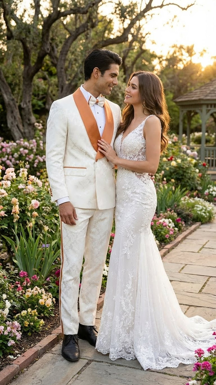 Ivory and gold jacquard tuxedo suit. Structured jacket with orange shawl collar & single-button front. Matching trousers with orange seam accents. Refined, tailored silhouette, formal design.
