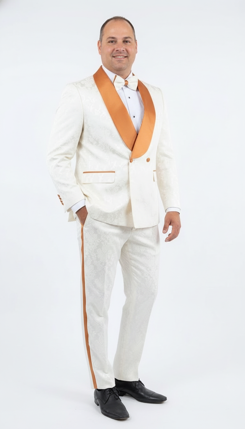 Ivory jacquard tuxedo suit with gold satin shawl collar and matching side stripe trousers. Single-breasted design with ivory patterned fabric and two front pockets.

