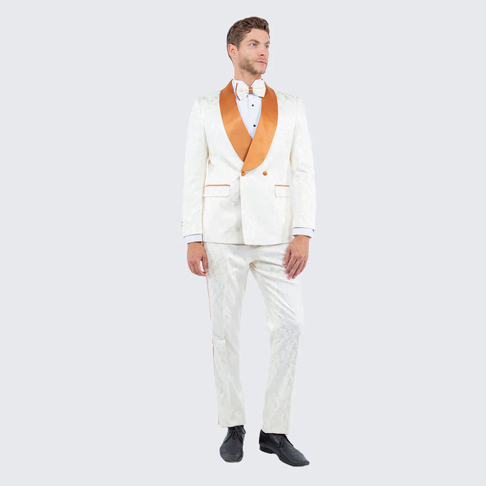 Men's ivory tuxedo with gold accents. Features textured jacquard fabric, gold satin shawl lapels, and matching tapered trousers. Elegant and refined.
