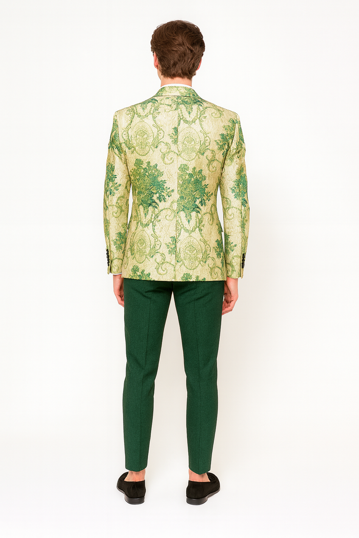 Ivory tuxedo jacket with green floral embroidery, black satin lapel. Paired with hunter green pants. Intricate green embroidery on ivory.
