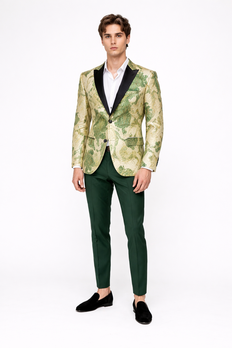 Mens Ivory Green and Gold Floral Embroidered Wedding Tuxedo Jacket with Satin Lapel
