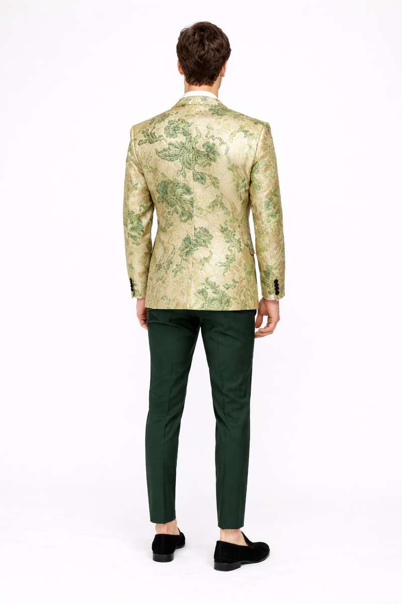 Mens Ivory Green and Gold Floral Embroidered Wedding Tuxedo Jacket with Satin Lapel