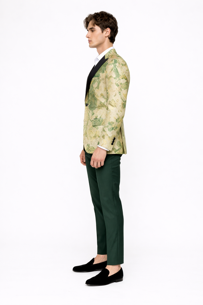 Mens Ivory Green and Gold Floral Embroidered Wedding Tuxedo Jacket with Satin Lapel