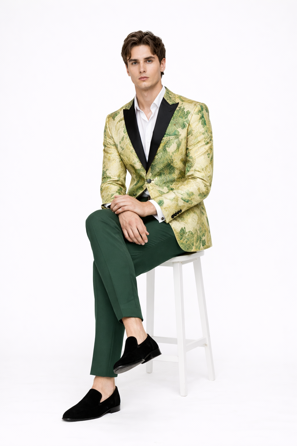 Men’s Ivory Green and Gold Floral Embroidered Wedding Tuxedo Jacket with Satin Lapel