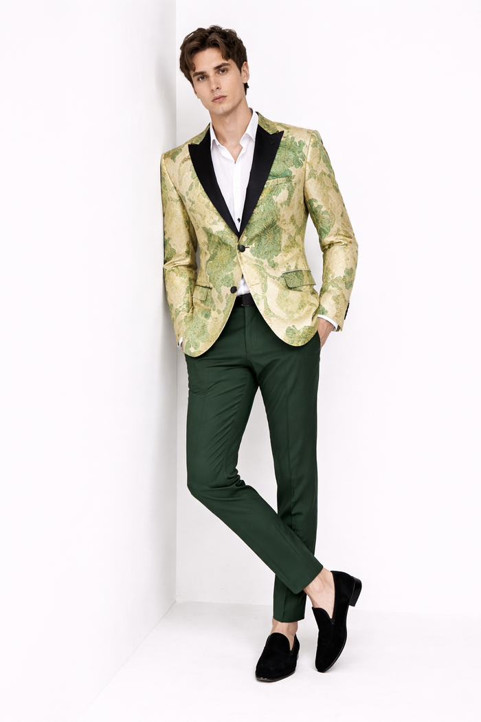 Mens Ivory Green and Gold Floral Embroidered Wedding Tuxedo Jacket with Satin Lapel