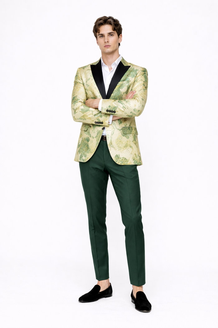 Mens Ivory Green and Gold Floral Embroidered Wedding Tuxedo Jacket with Satin Lapel