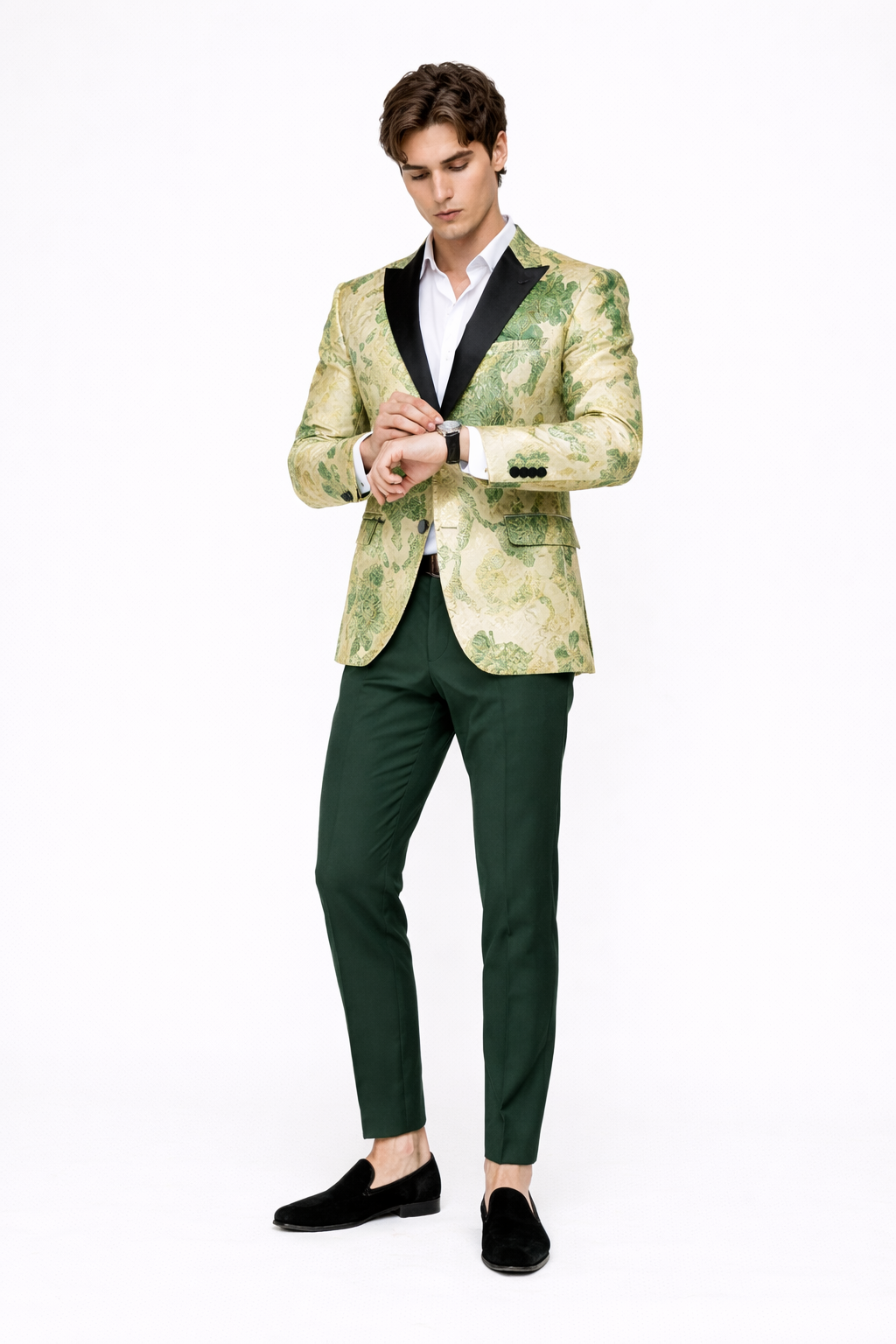 Men’s Ivory Green and Gold Floral Embroidered Wedding Tuxedo Jacket with Satin Lapel
