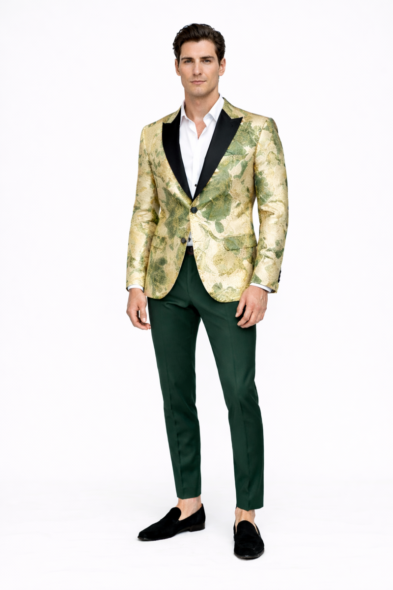 Mens Ivory Green and Gold Floral Embroidered Tuxedo Jacket with Satin Lapel